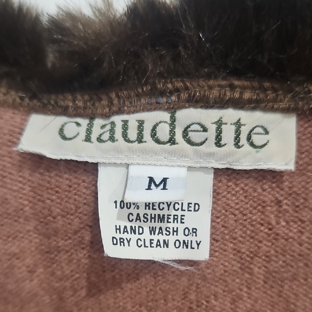 Vintage Claudette Cashmere Brown Cardigan with Faux Fur Trim size Medium - Picture 2 of 11